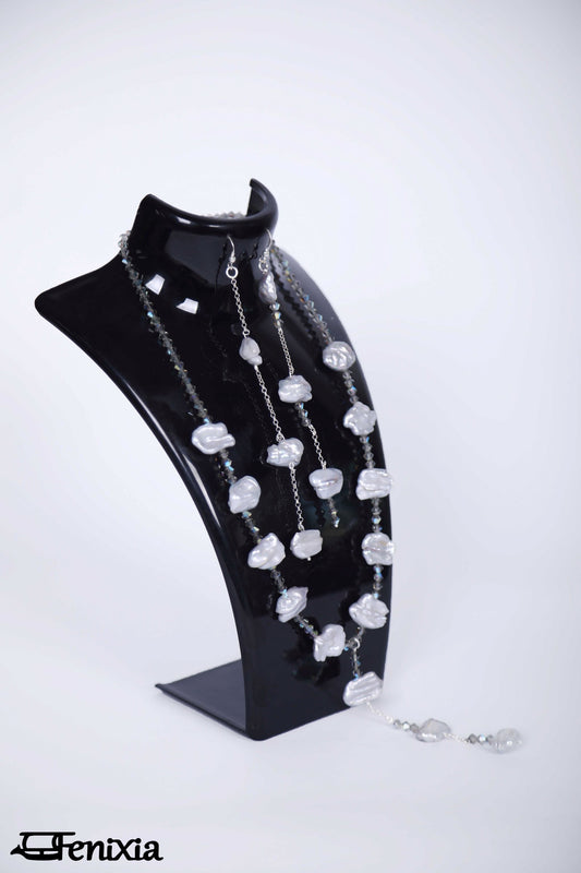Freshwater Pearl extra long necklace and earrings silver